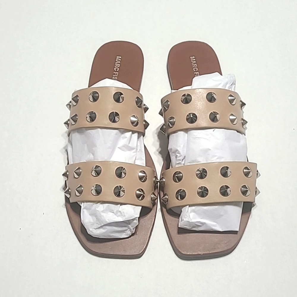 Marc Fisher Brown and Tan Flat Size 10m Sandals with Silver Spikes.